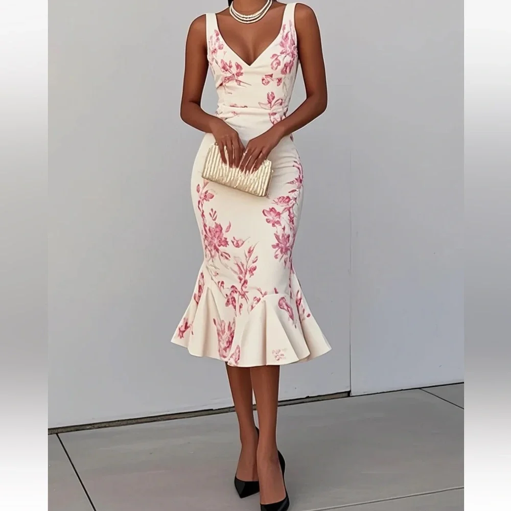FEHAUTE Pink Floral Mermaid Skirt V Neck Sleeveless Mermaid Midi Dress Size 4 - Picture 1 of 11